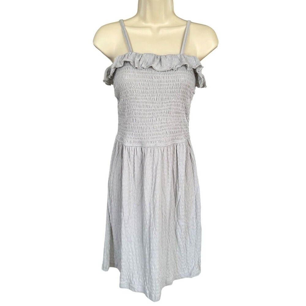 Poof New York Junior's Shirred Ruffle Dress w/Adjustable Straps Sz L Light Gray